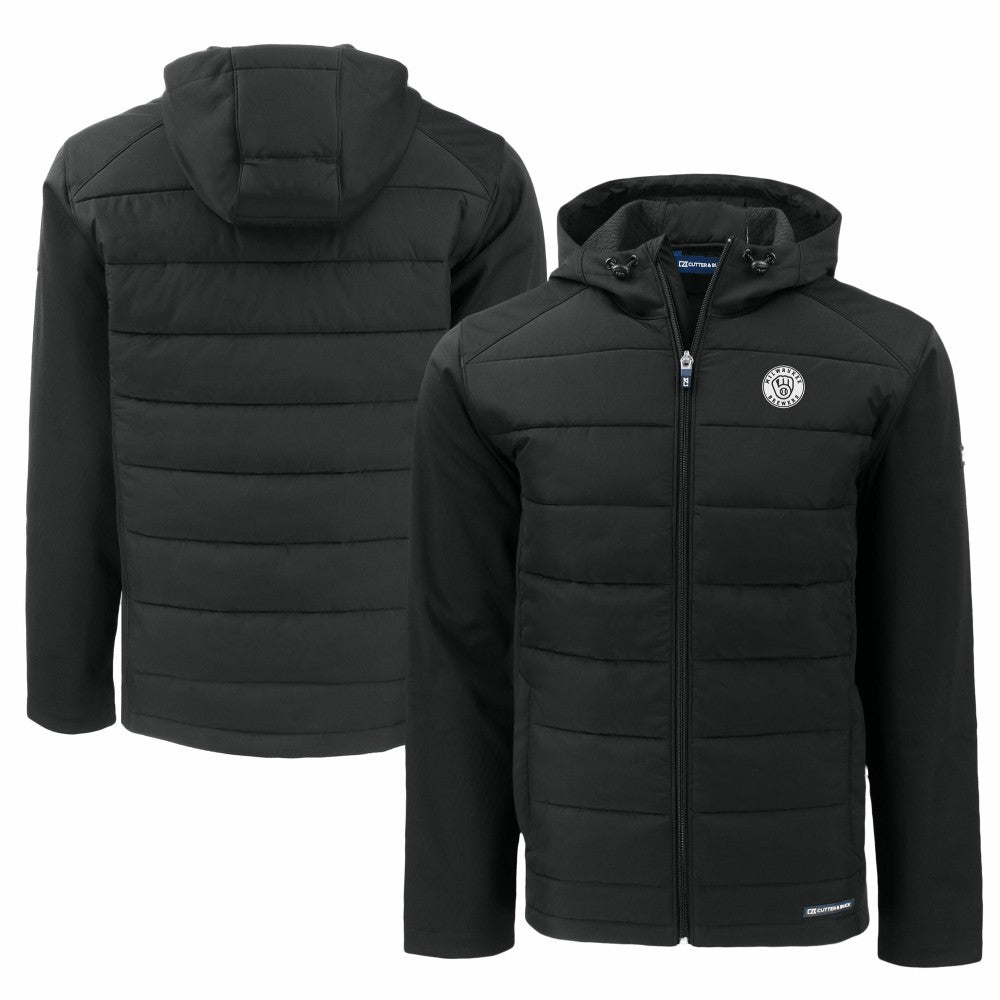 Milwaukee Brewers Cutter & Buck Big & Tall Evoke Hybrid Eco Softshell Recycled Full-Zip Hooded PrimaLoft Jacket - Black - MLB Sale