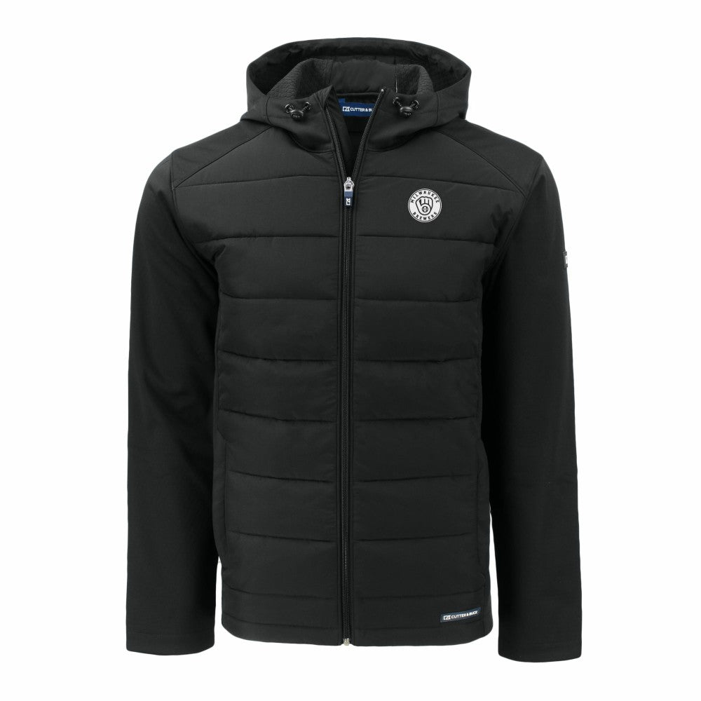 Milwaukee Brewers Cutter & Buck Big & Tall Evoke Hybrid Eco Softshell Recycled Full-Zip Hooded PrimaLoft Jacket - Black - MLB Sale