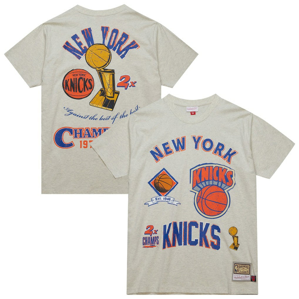 New York Knicks Hardwood Classics Legacy Defined Retro Championship T-Shirt Oatmeal | Mitchell & Ness US