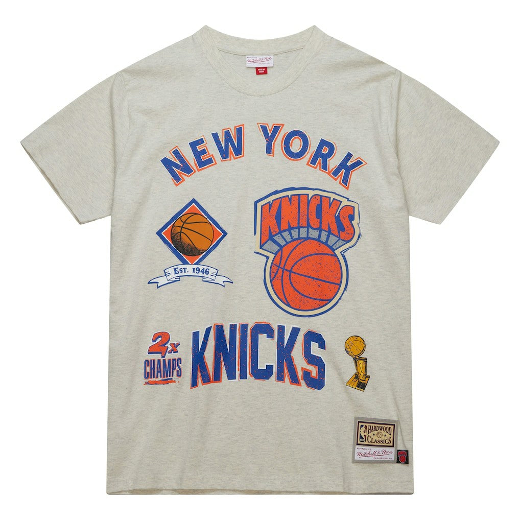 New York Knicks Hardwood Classics Legacy Defined Retro Championship T-Shirt Oatmeal | Mitchell & Ness US