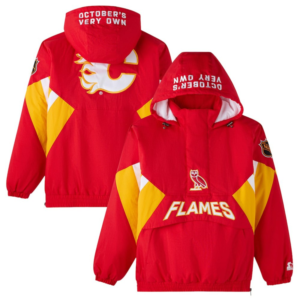 Calgary Flames OVO x Starter Half-Zip Hooded Jacket - Red - NHL 202034623