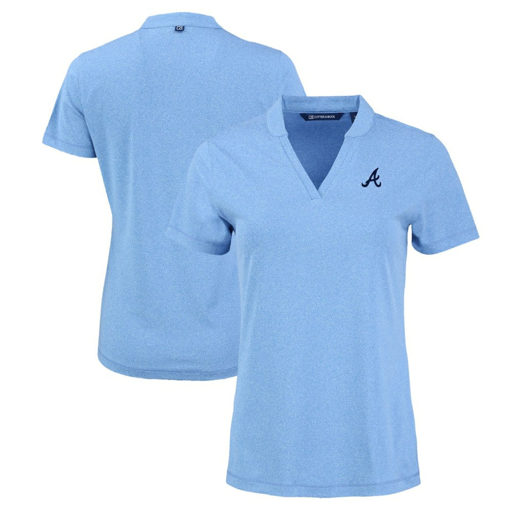 Atlanta Braves Cutter & Buck Women's Forge Stretch Blade DryTec V-Neck Polo - Heather Light Blue - MLB Sale