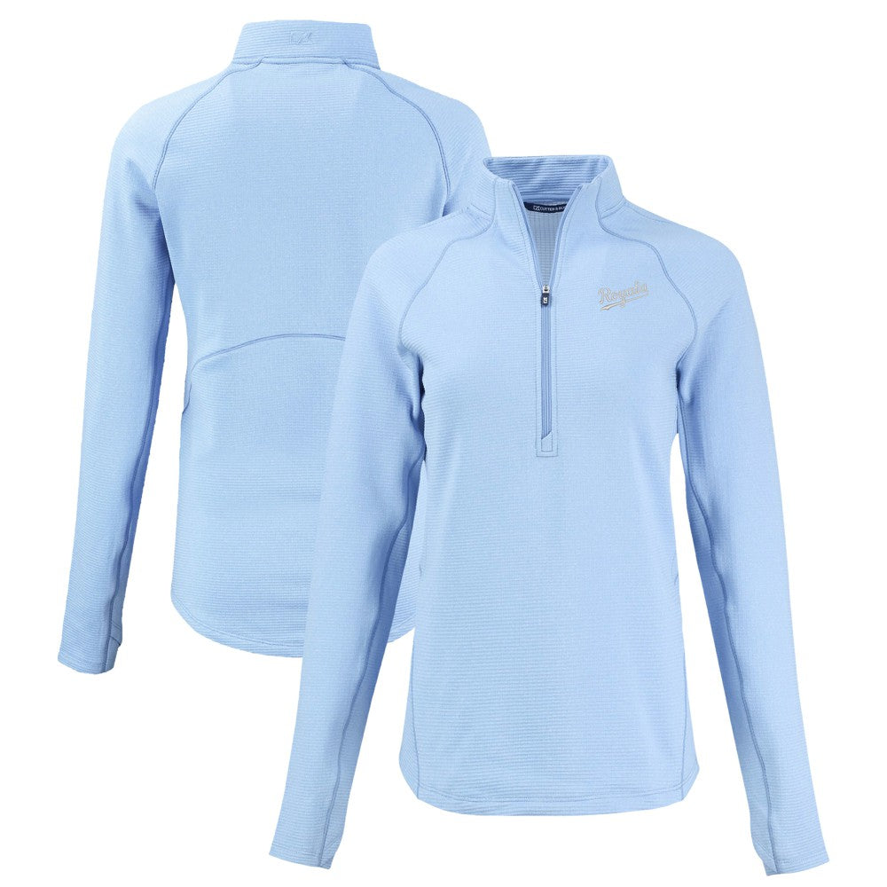 Kansas City Royals Cutter & Buck Women's Peshastin Eco Fleece Recycled Raglan Half-Zip Top - Heather Light Blue - MLB on Sale