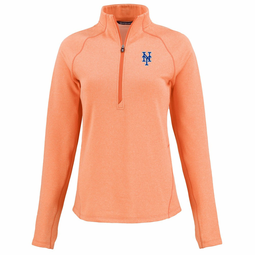 New York Mets Cutter & Buck Women's Peshastin Eco Fleece Recycled Raglan Half-Zip Top - Heather Orange - MLB Sale