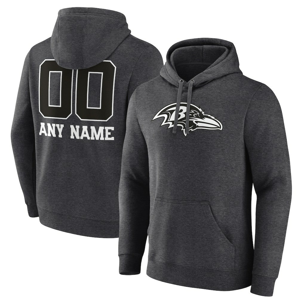 Baltimore Ravens Personalized Name & Number Monochrome Pullover Hoodie Charcoal