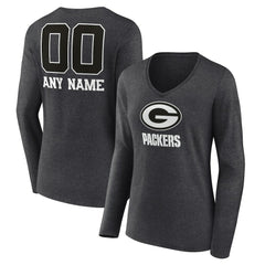 Green Bay Packers Women's Personalized Name & Number Monochrome V-neck T-Shirt Charcoal