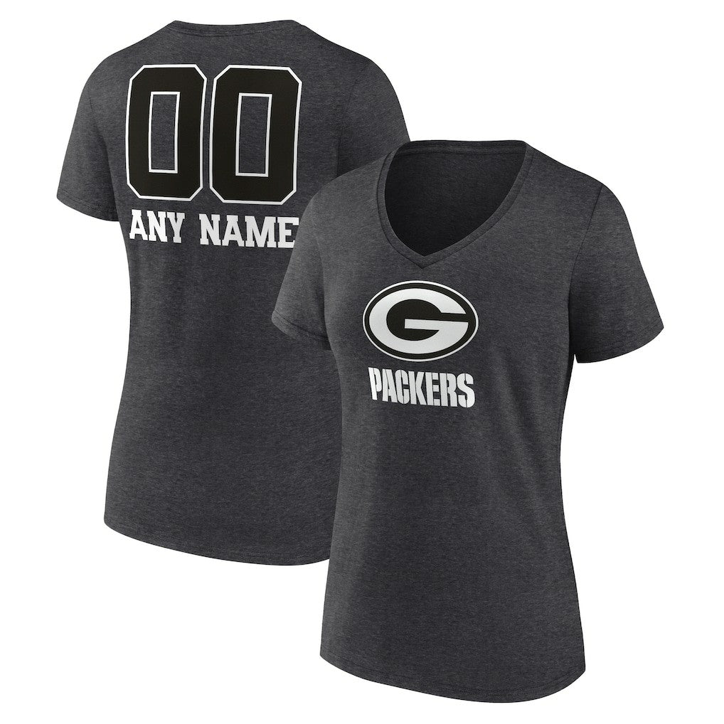 Green Bay Packers Women's Personalized Name & Number Monochrome V-Neck Long Sleeve T-Shirt Charcoal