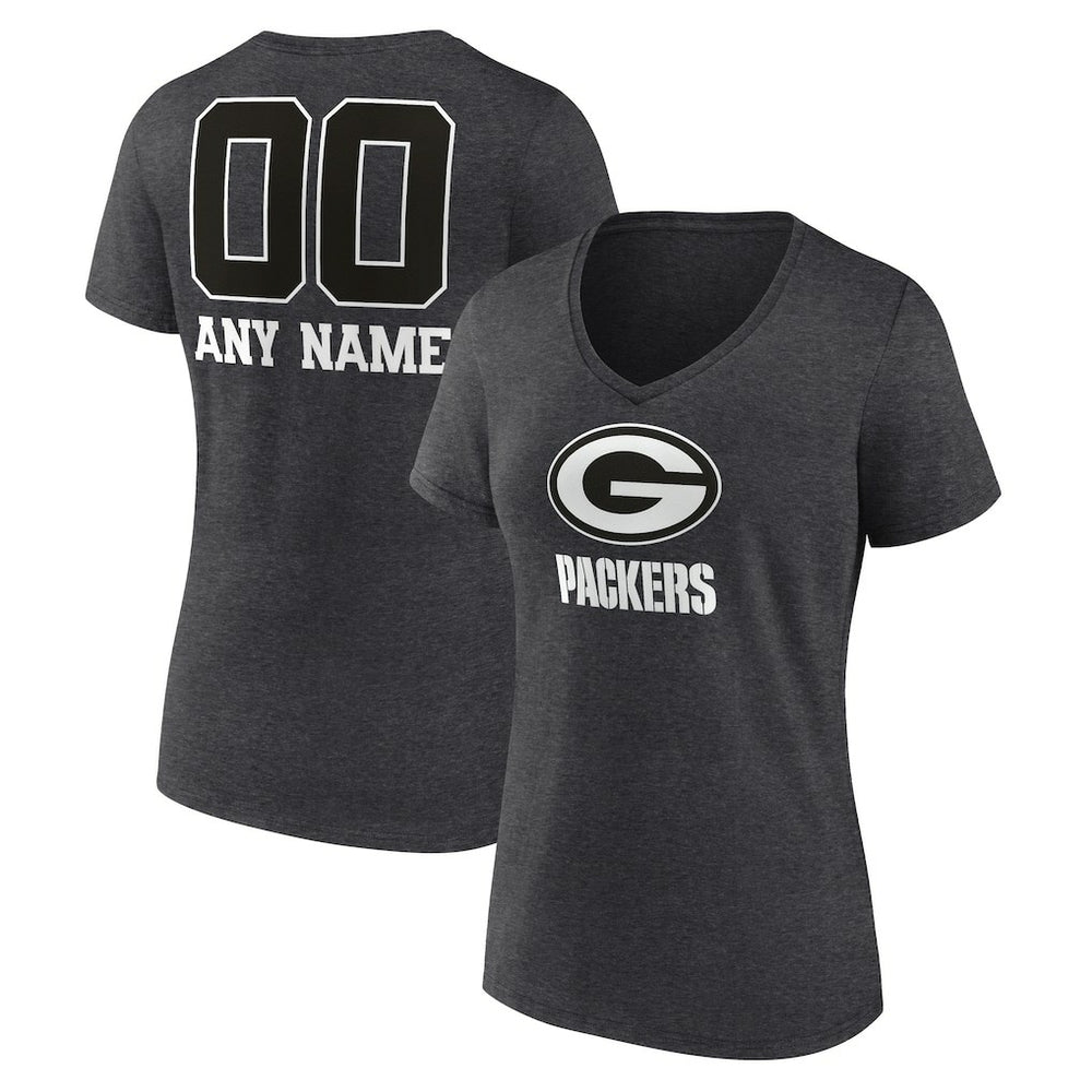 Green Bay Packers Women's Personalized Name & Number Monochrome V-Neck Long Sleeve T-Shirt Charcoal