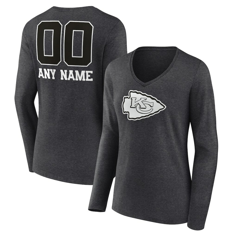 Kansas City Chiefs Women's Personalized Name & Number Monochrome V-neck T-Shirt Charcoal