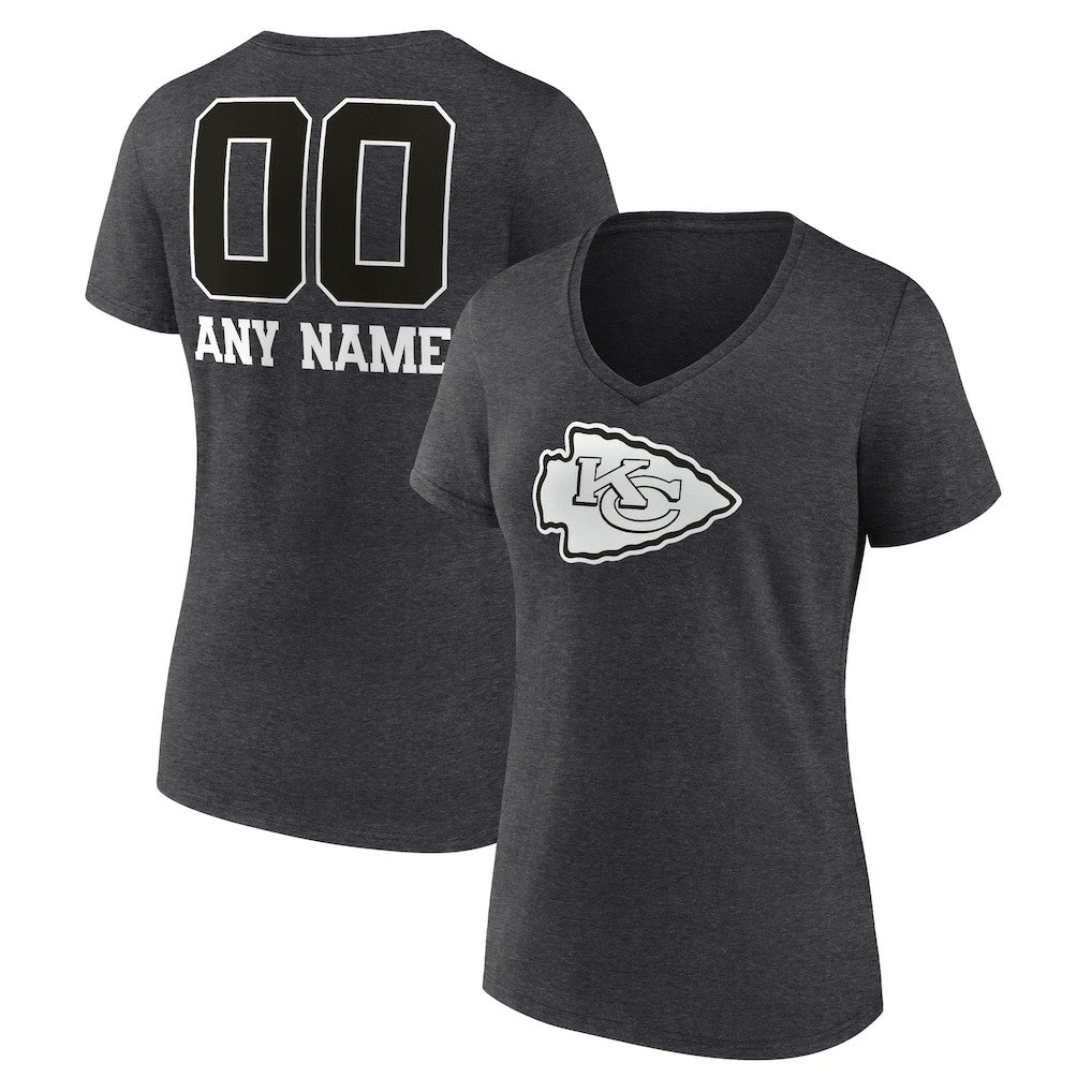 Kansas City Chiefs Women's Personalized Name & Number Monochrome V-Neck Long Sleeve T-Shirt Charcoal