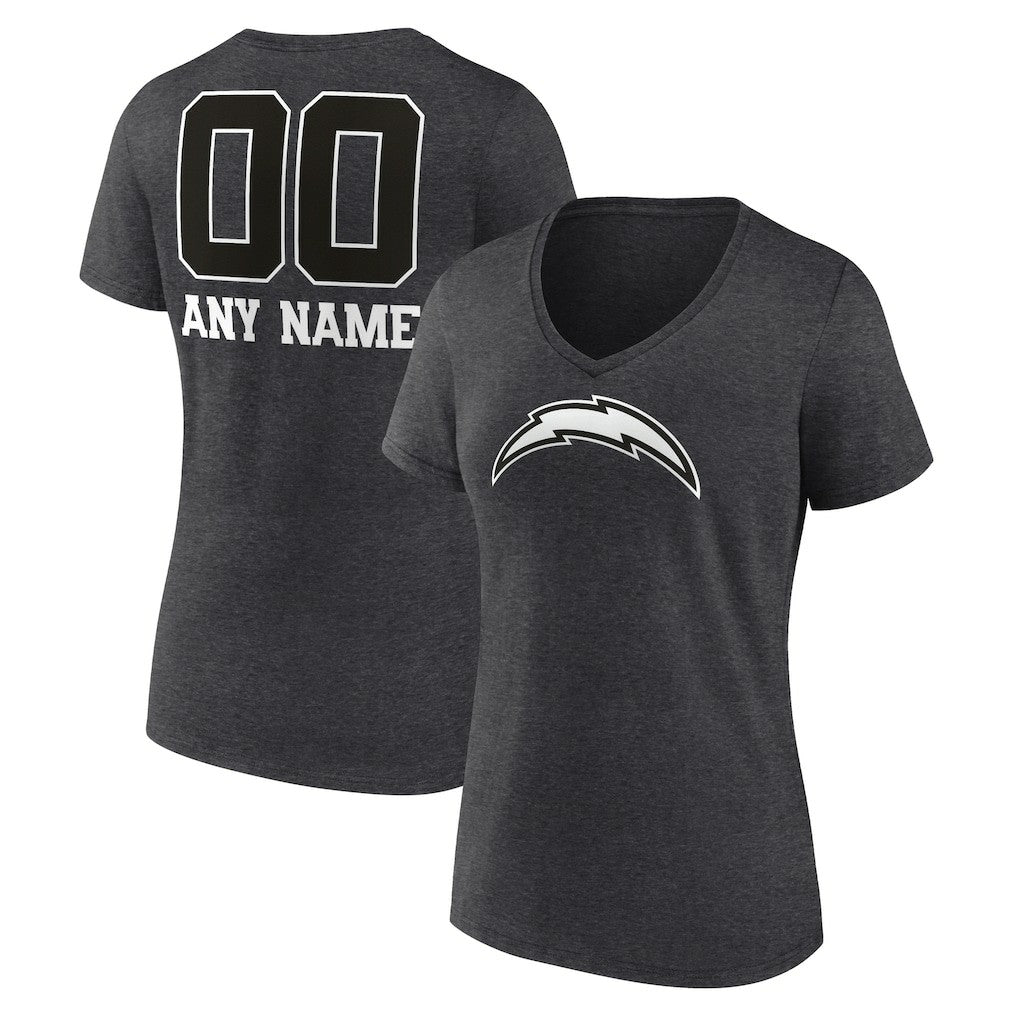 Los Angeles Chargers Women's Personalized Name & Number Monochrome V-Neck Long Sleeve T-Shirt Charcoal