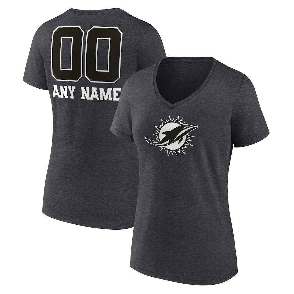 Miami Dolphins Women's Personalized Name & Number Monochrome V-Neck Long Sleeve T-Shirt Charcoal