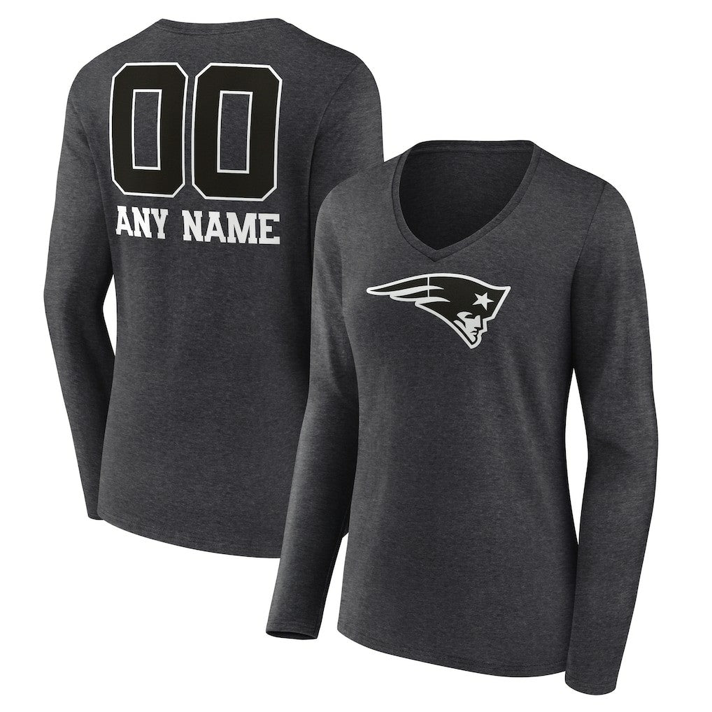 New England Patriots Women's Personalized Name & Number Monochrome V-neck T-Shirt Charcoal