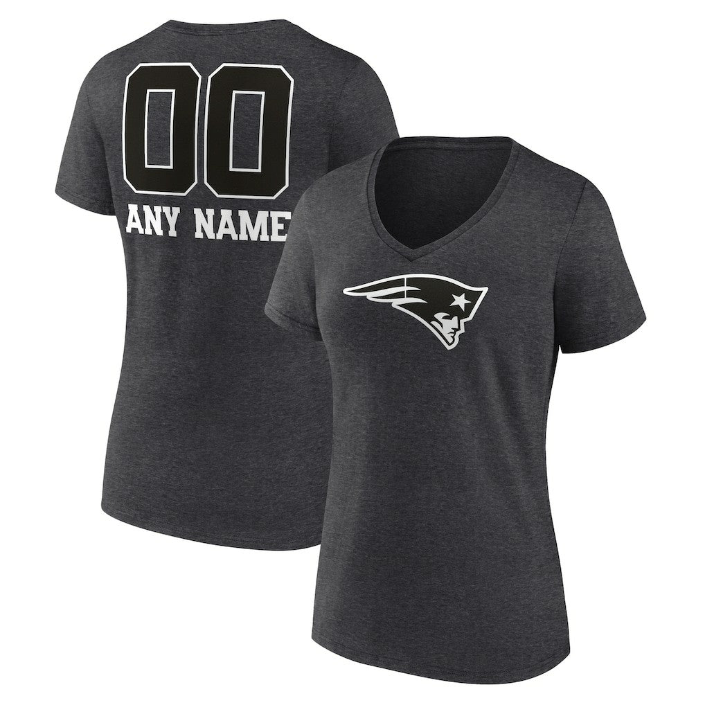 New England Patriots Women's Personalized Name & Number Monochrome V-Neck Long Sleeve T-Shirt Charcoal
