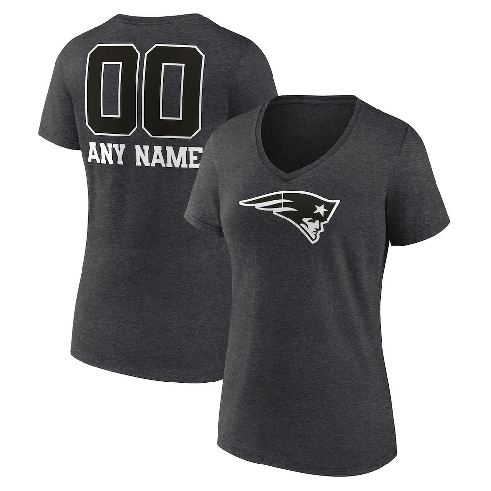 New England Patriots Women's Personalized Name & Number Monochrome V-Neck Long Sleeve T-Shirt Charcoal