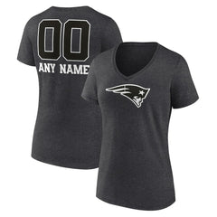 New England Patriots Women's Personalized Name & Number Monochrome V-Neck Long Sleeve T-Shirt Charcoal