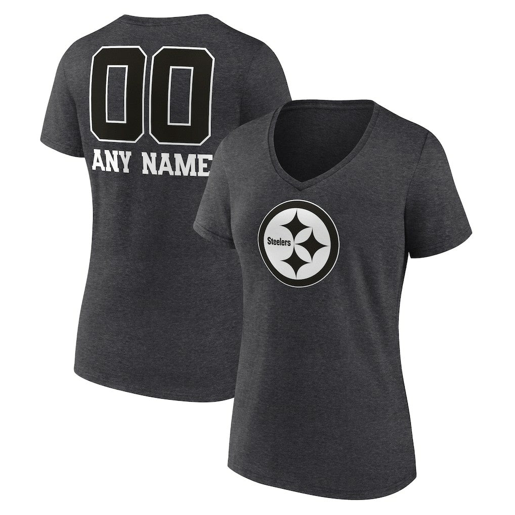 Pittsburgh Steelers Women's Personalized Name & Number Monochrome V-Neck Long Sleeve T-Shirt Charcoal