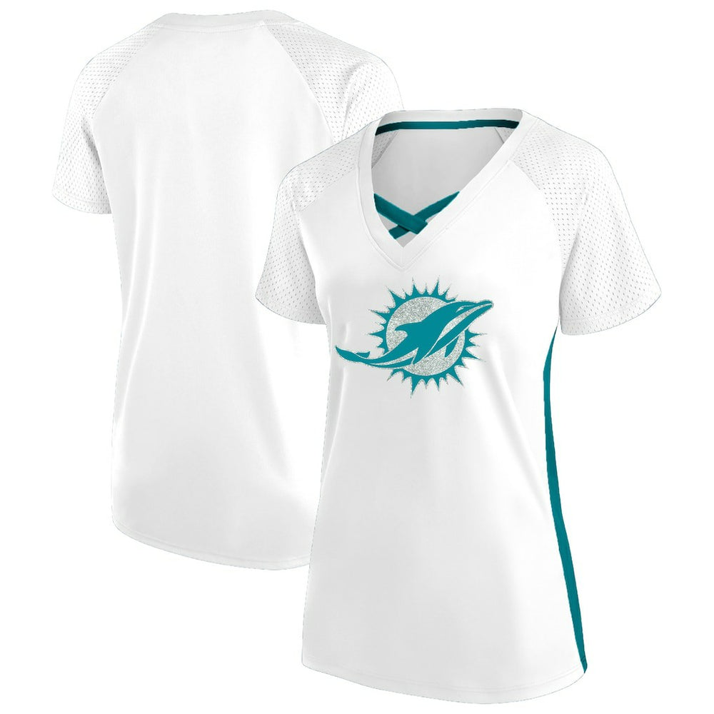 Fanatics Miami Dolphins Women's Plus Size Glitter Lace-Up V- Neck T-Shirt White