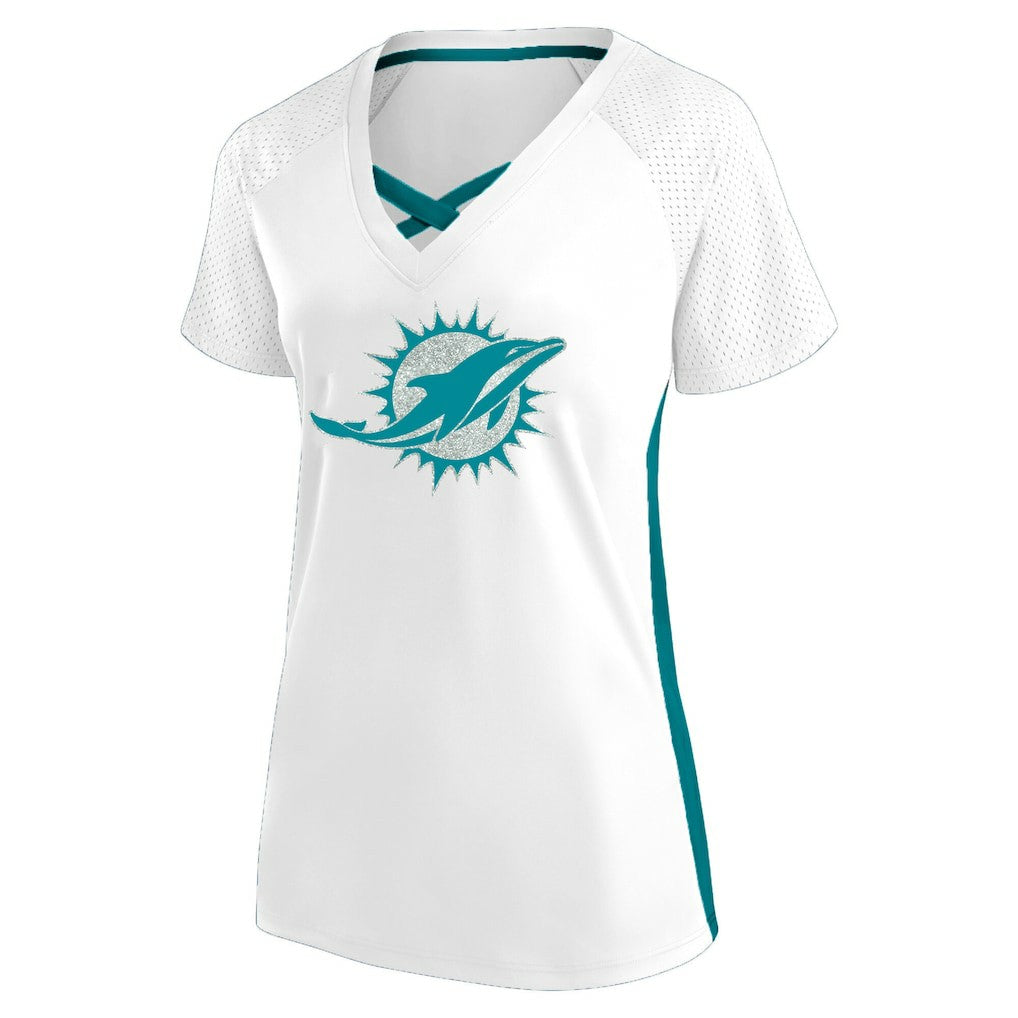 Fanatics Miami Dolphins Women's Plus Size Glitter Lace-Up V- Neck T-Shirt White