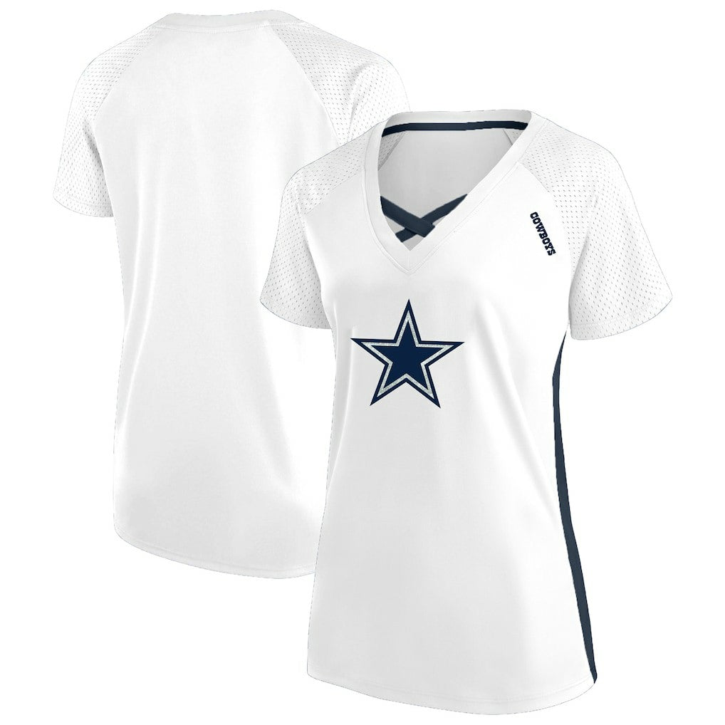 Fanatics Dallas Cowboys Women's Plus Size Glitter Lace-Up V- Neck T-Shirt White