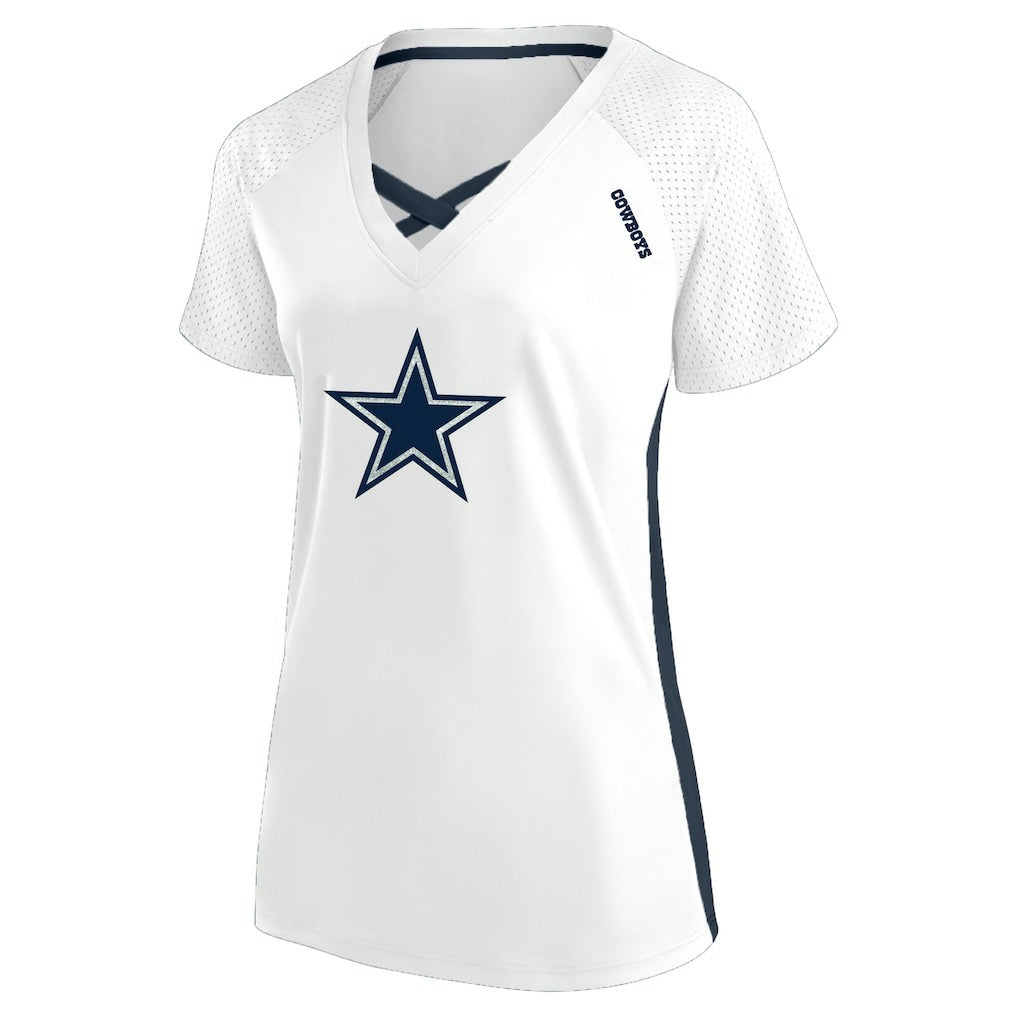 Fanatics Dallas Cowboys Women's Plus Size Glitter Lace-Up V- Neck T-Shirt White