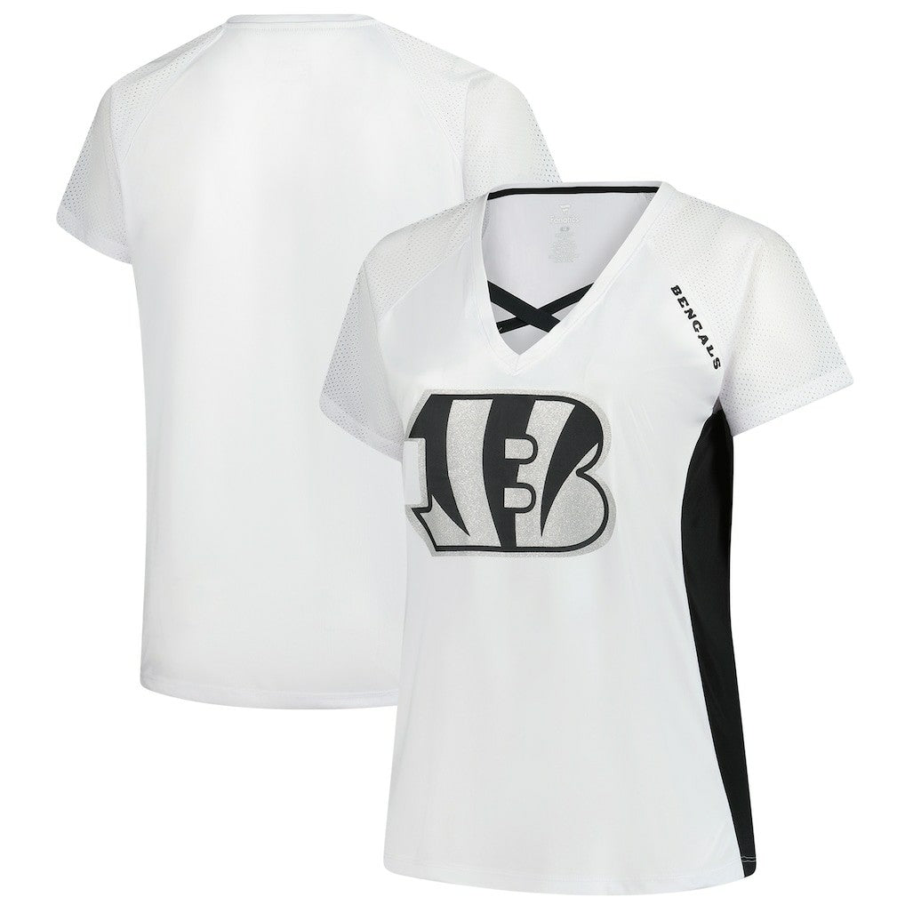 Fanatics Cincinnati Bengals Women's Plus Size Glitter Lace-Up V- Neck T-Shirt White
