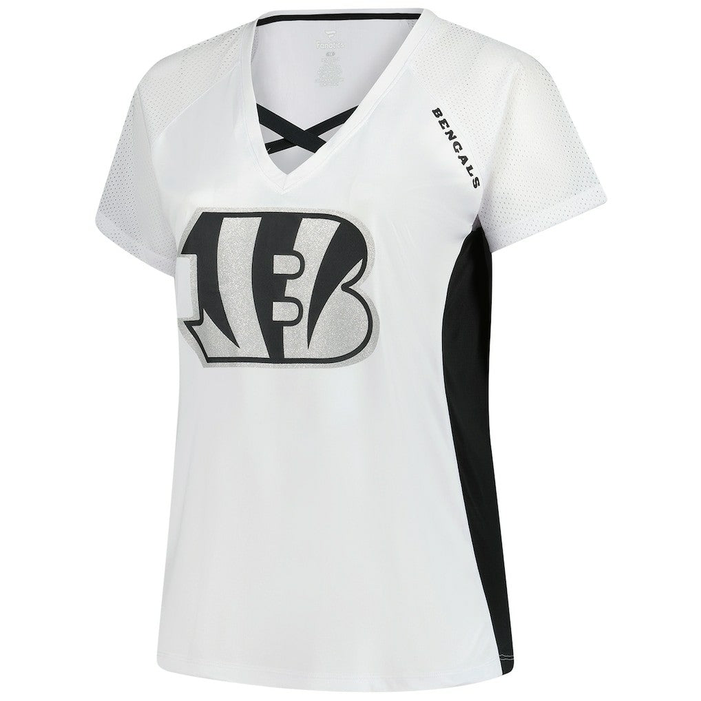 Fanatics Cincinnati Bengals Women's Plus Size Glitter Lace-Up V- Neck T-Shirt White