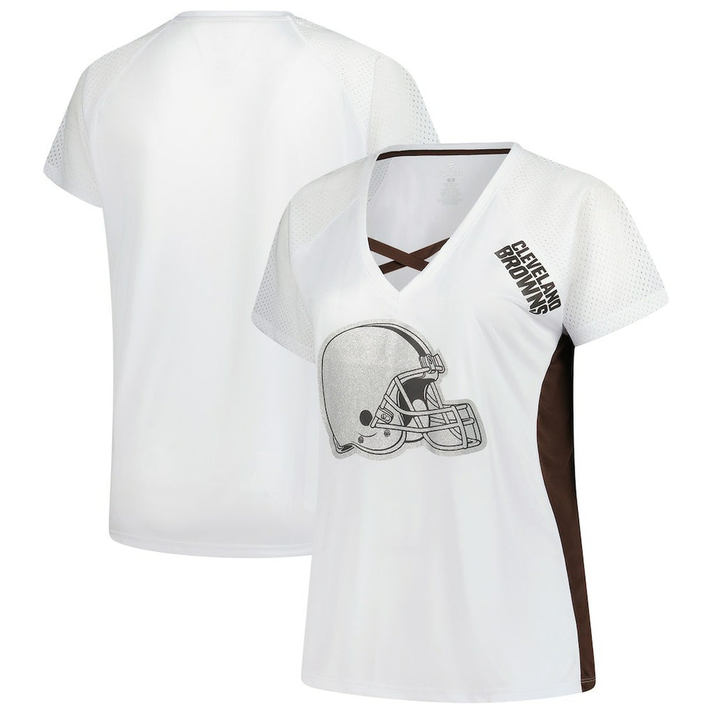 Fanatics Cleveland Browns Women's Plus Size Glitter Lace-Up V- Neck T-Shirt White
