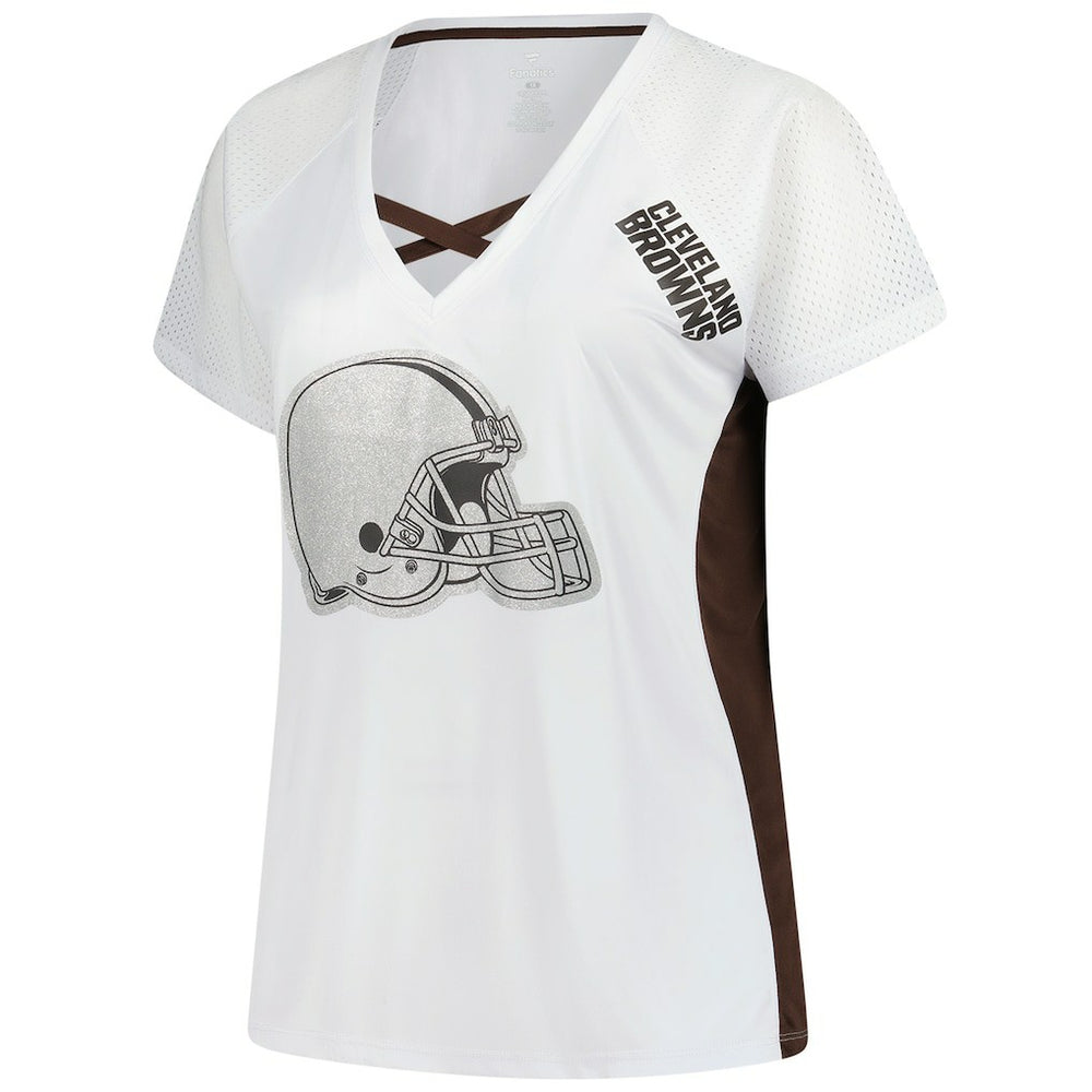 Fanatics Cleveland Browns Women's Plus Size Glitter Lace-Up V- Neck T-Shirt White