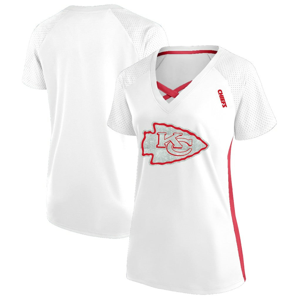 Fanatics Kansas City Chiefs Women's Plus Size Glitter Lace-Up V- Neck T-Shirt White