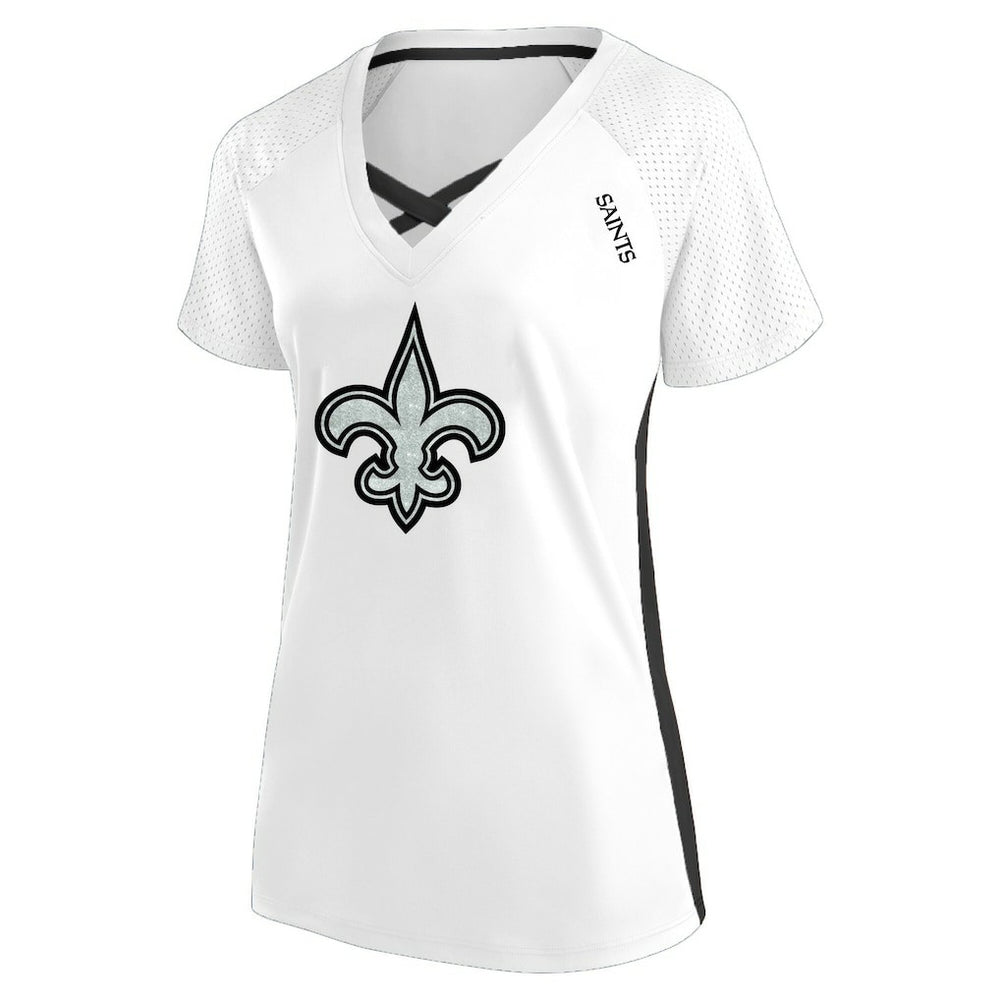 Fanatics New Orleans Saints Women's Plus Size Glitter Lace-Up V- Neck T-Shirt White