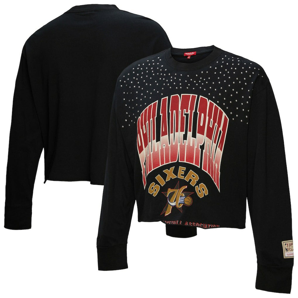 Philadelphia 76ers Women's Hardwood Classics Studded Boxy Cropped Long Sleeve T-Shirt Black | Mitchell & Ness discount