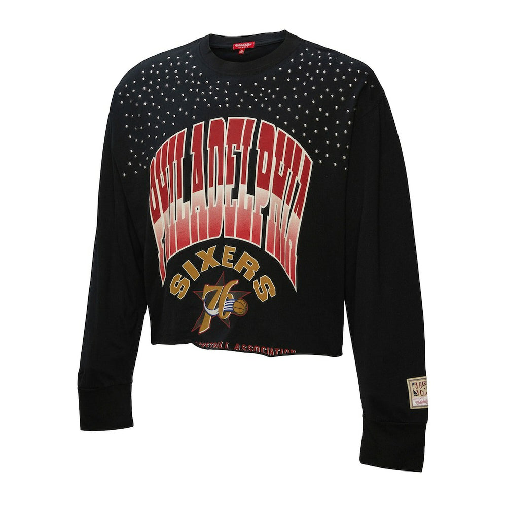 Philadelphia 76ers Women's Hardwood Classics Studded Boxy Cropped Long Sleeve T-Shirt Black | Mitchell & Ness discount