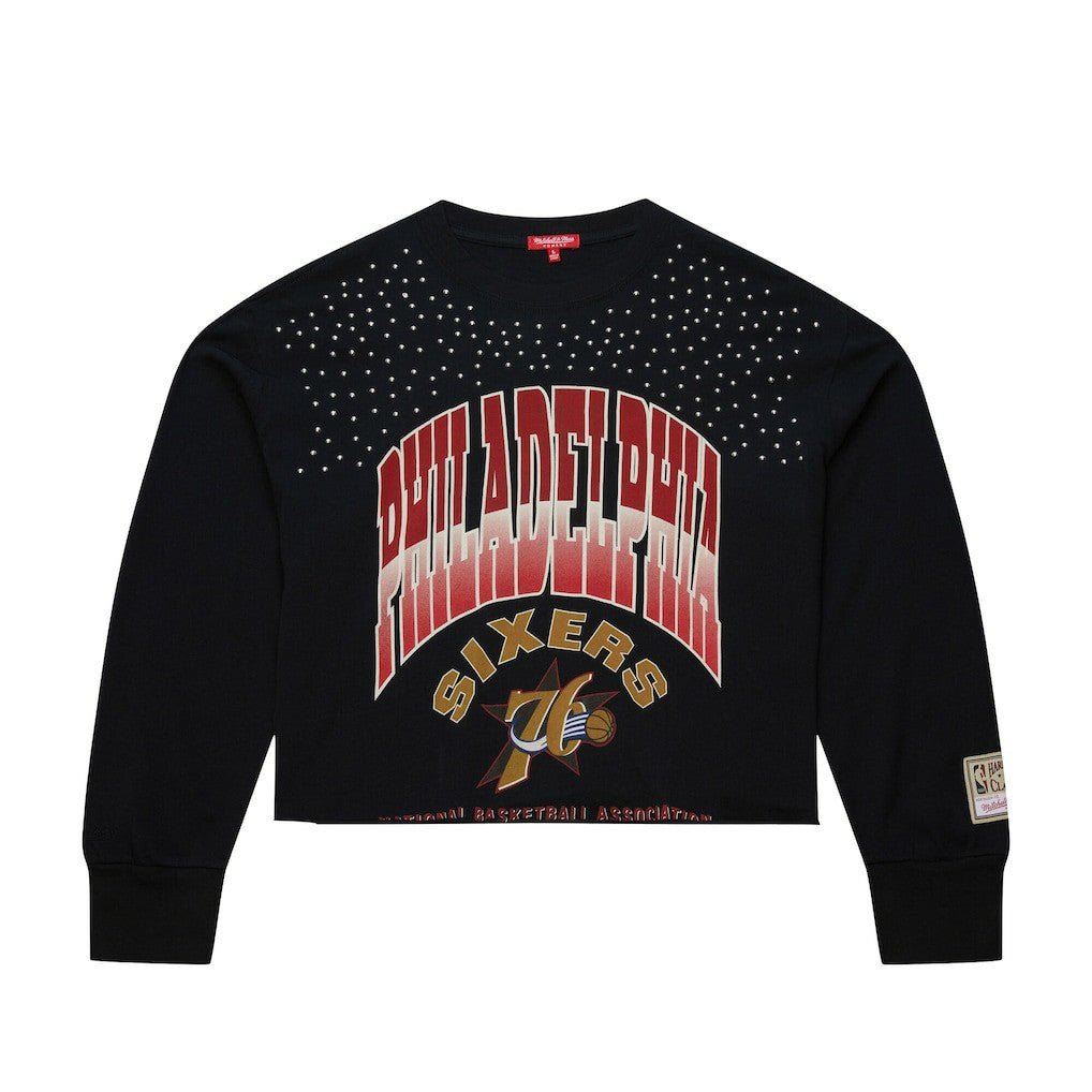 Philadelphia 76ers Women's Hardwood Classics Studded Boxy Cropped Long Sleeve T-Shirt Black | Mitchell & Ness discount