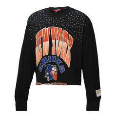 New York Knicks Women's Hardwood Classics Studded Boxy Cropped Long Sleeve T-Shirt Black | Mitchell & Ness Lifestyle