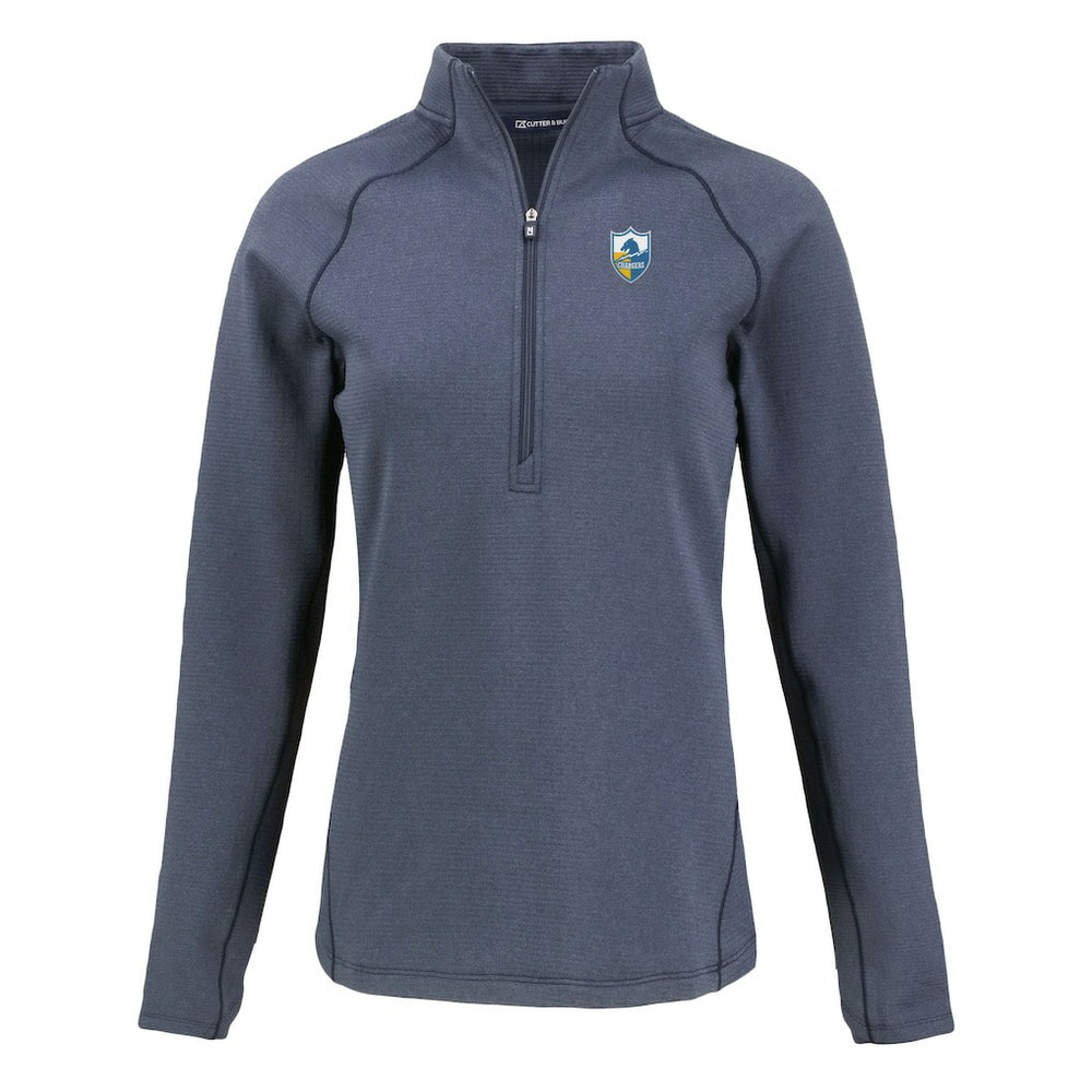 Los Angeles Chargers Cutter & Buck Women's Peshastin Eco Fleece Recycled Tri-Blend Raglan Half-Zip Jacket Heather Navy