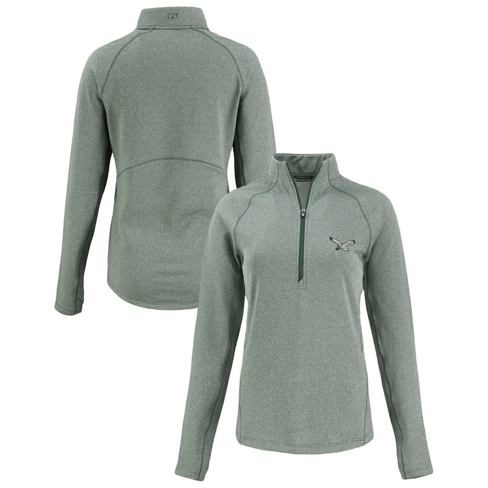 Philadelphia Eagles Cutter & Buck Women's Peshastin Eco Fleece Recycled Tri-Blend Raglan Half-Zip Jacket Heather Kelly Green