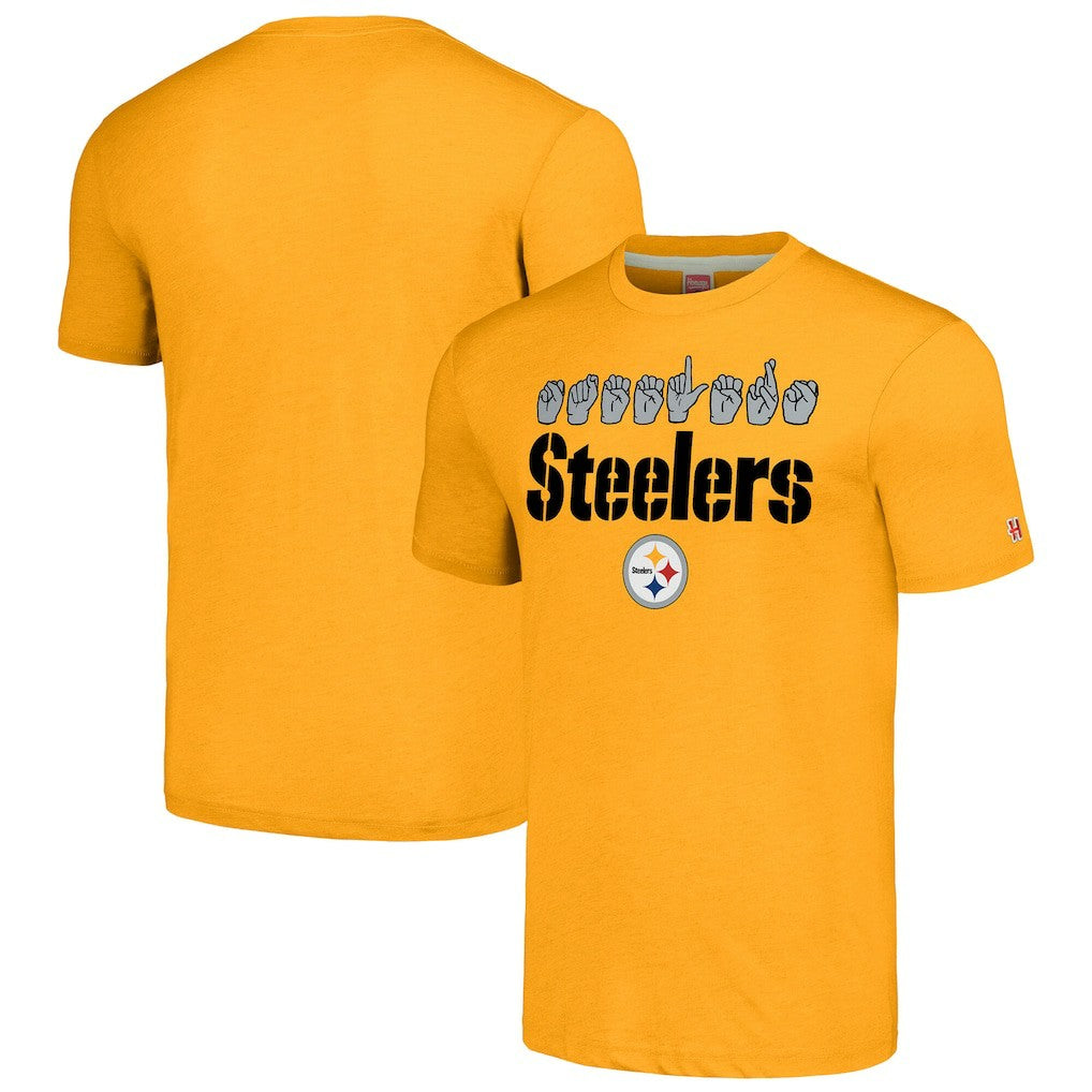 Pittsburgh Steelers Homage Unisex The NFL ASL Collection by Love Sign American Sign Language T-Shirt Gold