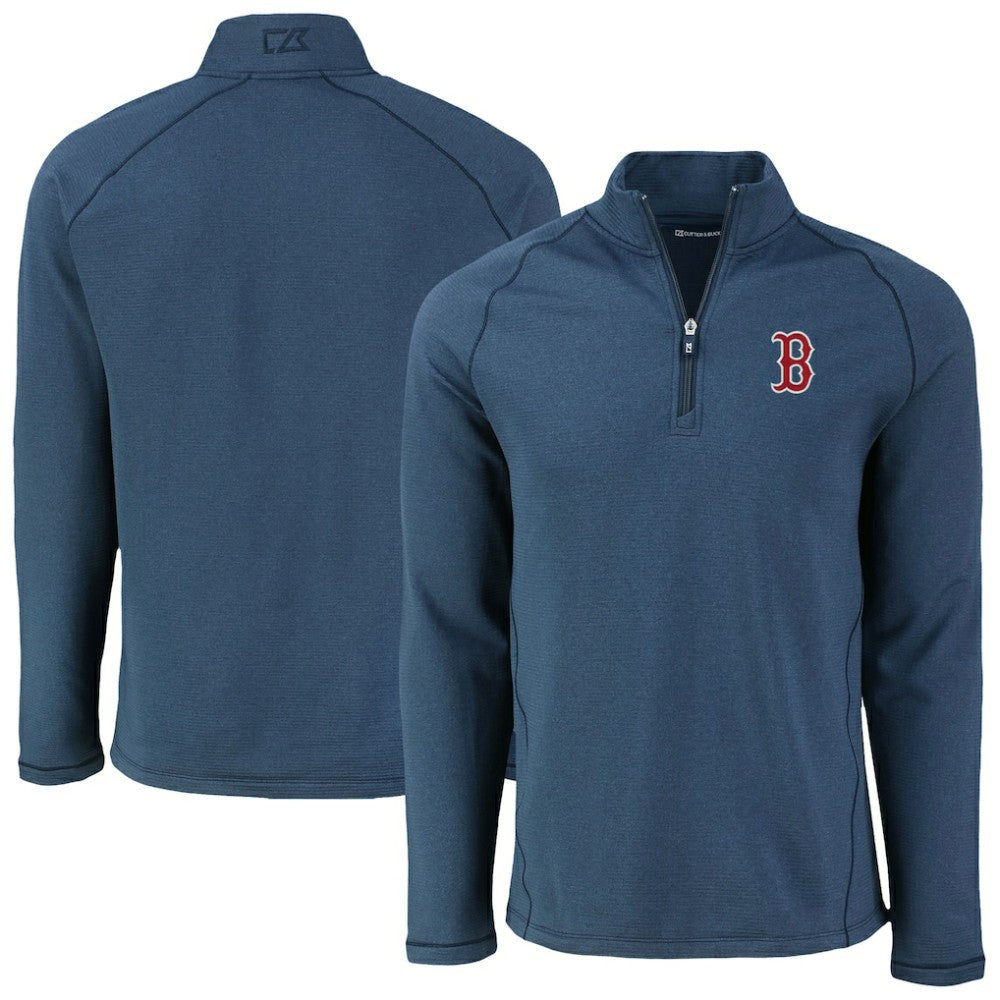 Boston Red Sox Cutter & Buck Peshastin Eco Fleece Recycled Raglan Quarter-Zip Top - Heather Navy - MLB on Sale