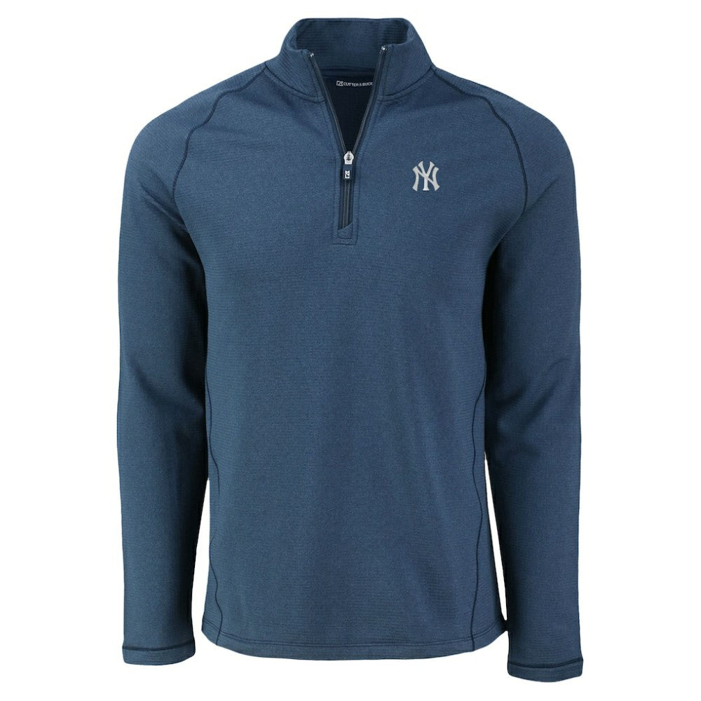 New York Yankees Cutter & Buck Peshastin Eco Fleece Recycled Raglan Quarter-Zip Top - Heather Navy - MLB Sale