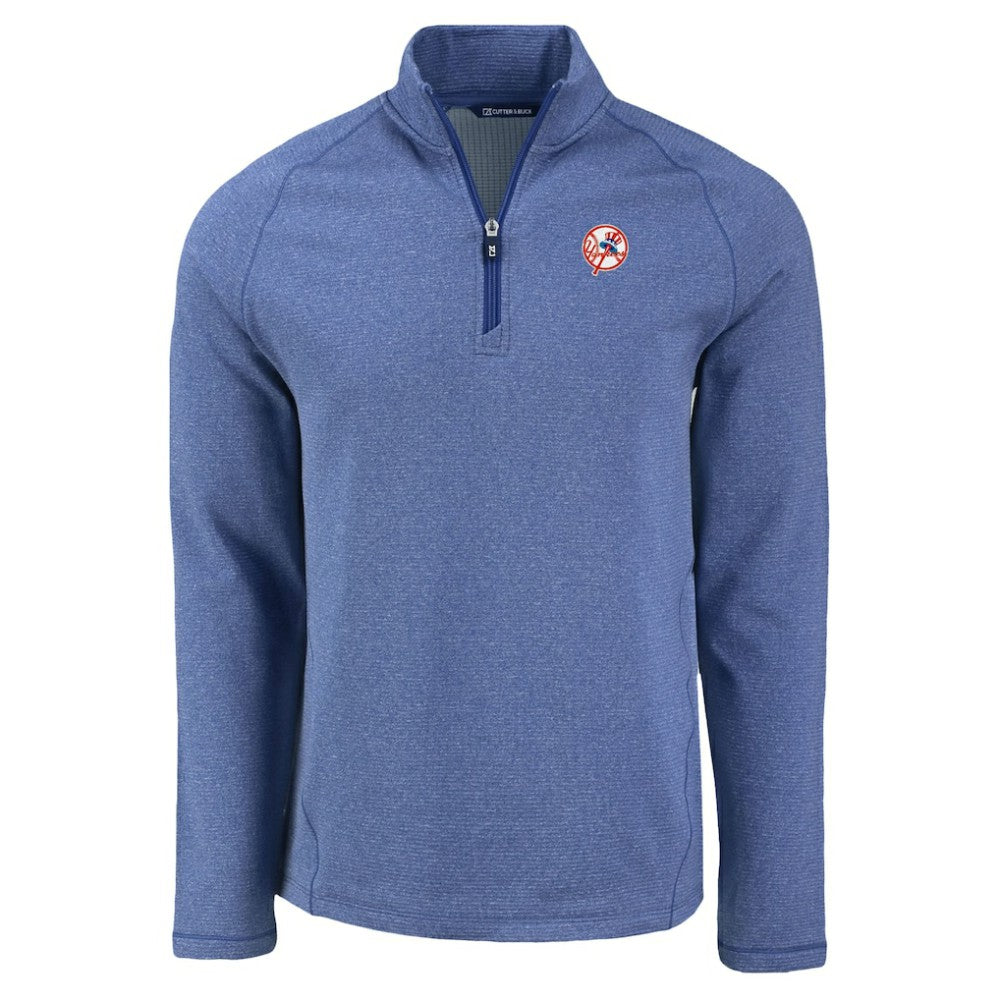 New York Yankees Cutter & Buck Peshastin Eco Fleece Recycled Raglan Quarter-Zip Top - Heather Blue - MLB on Sale