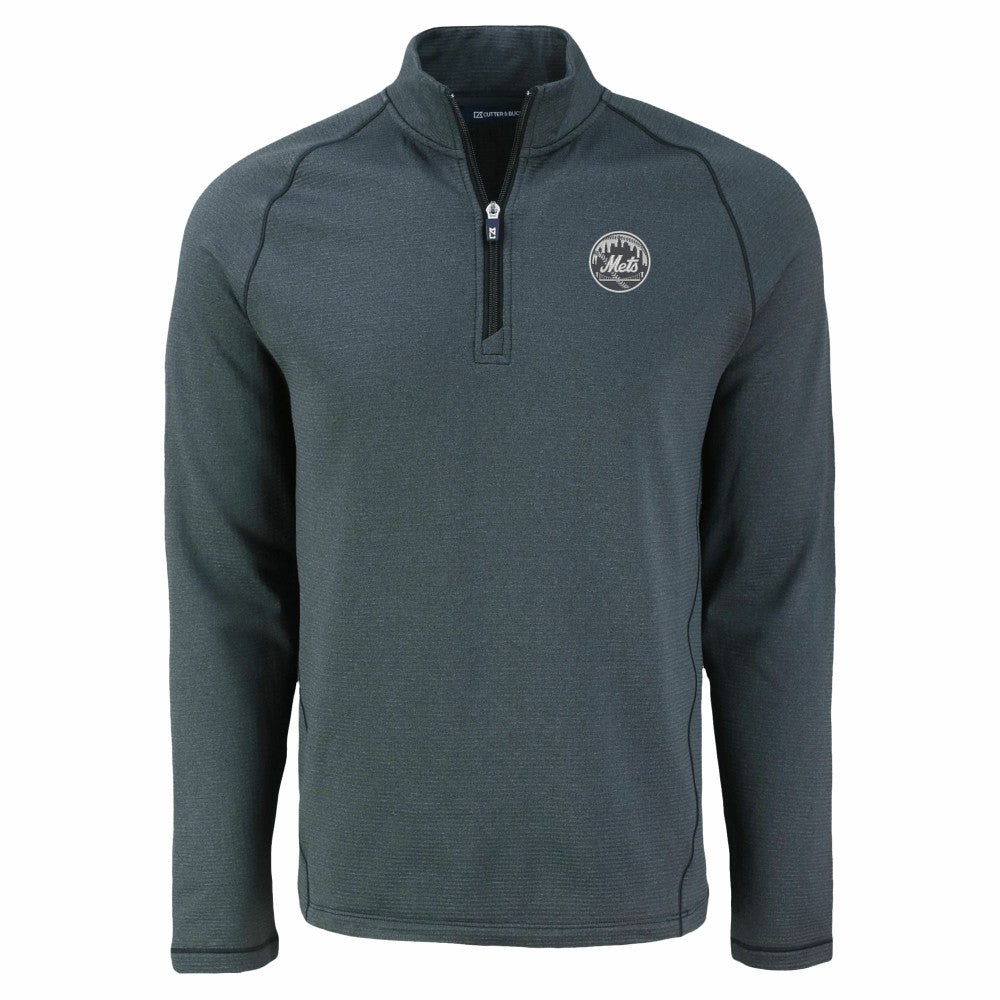 New York Mets Cutter & Buck Peshastin Eco Fleece Recycled Raglan Quarter-Zip Top - Heather Black - MLB Lifestyle