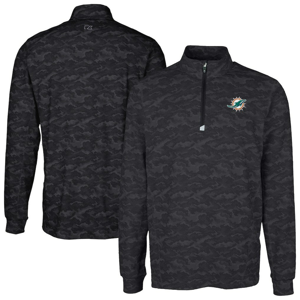 Miami Dolphins Cutter & Buck Big & Tall Traverse Eco Camo Tri-Blend DryTec Quarter-Zip Jacket Black