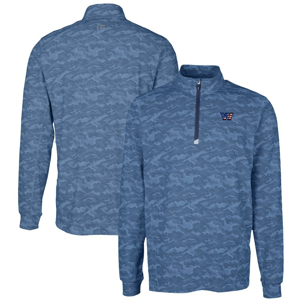 Washington Commanders Cutter & Buck Big & Tall Americana Traverse Eco Camo Tri-Blend DryTec Quarter-Zip Jacket Navy