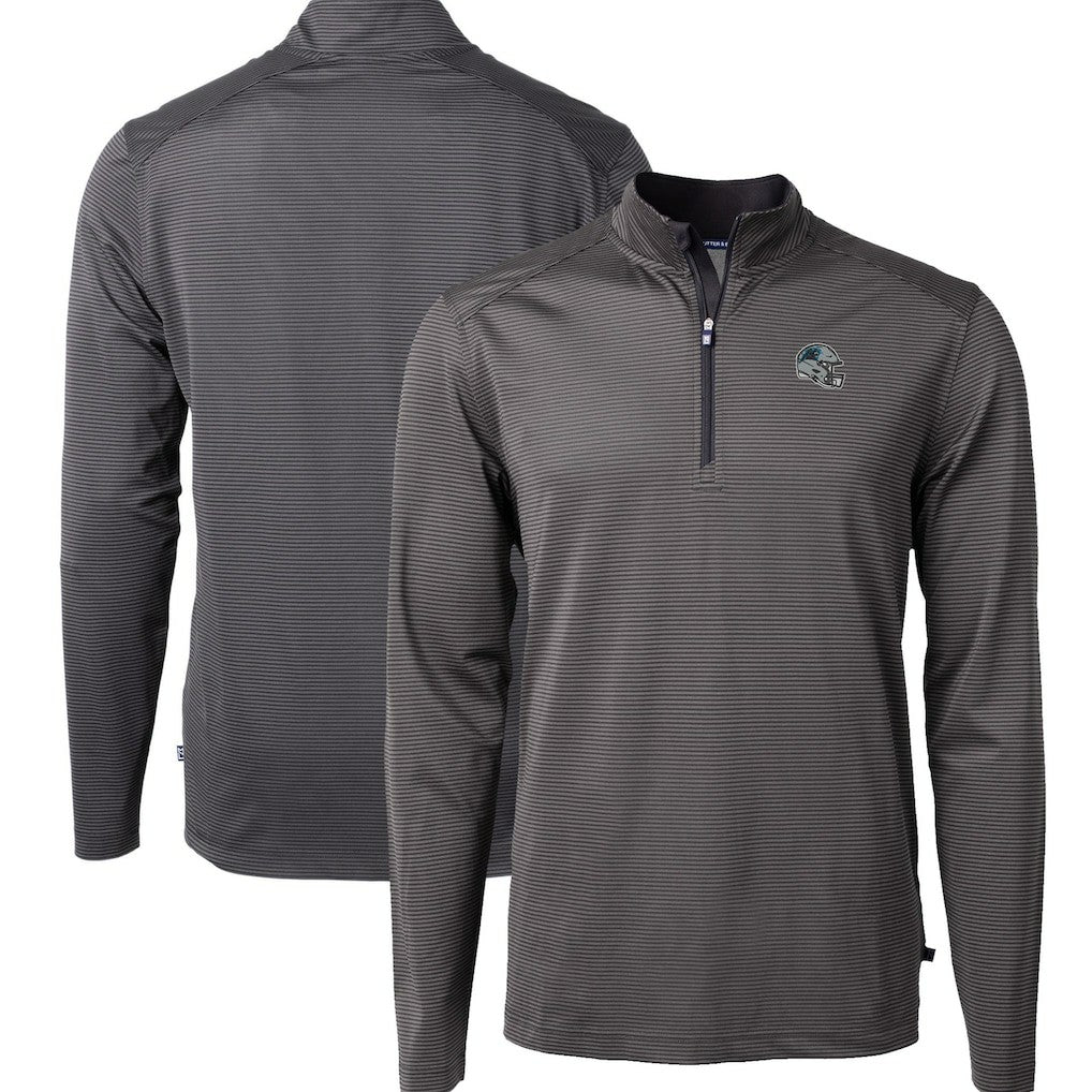 Carolina Panthers Cutter & Buck Big & Tall Virtue Eco Pique Micro Stripe Tri-Blend Quarter-Zip Jacket Black
