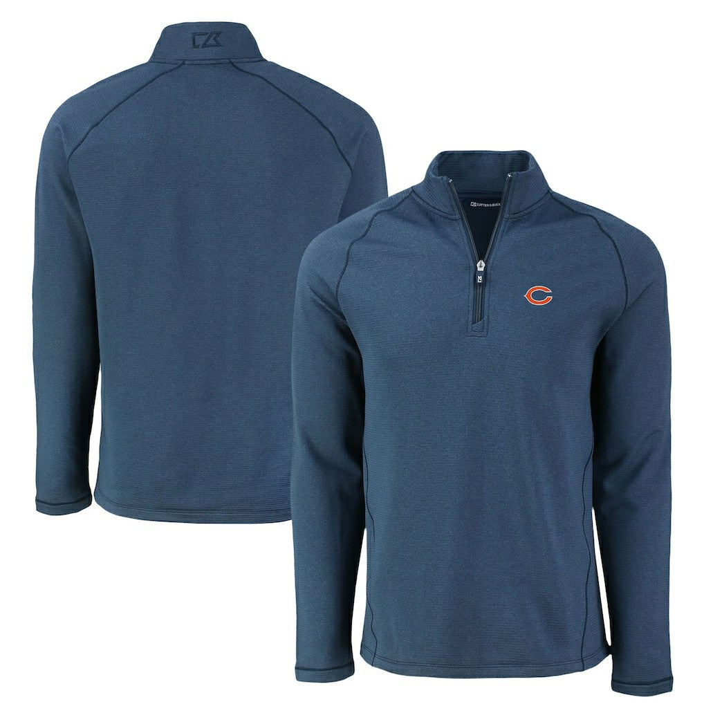 Chicago Bears Cutter & Buck Peshastin Eco Fleece Tri-Blend Raglan Recycled Quarter-Zip Jacket Heather Navy