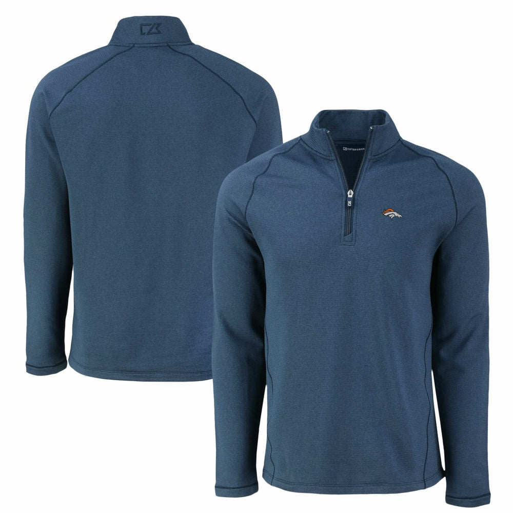 Denver Broncos Cutter & Buck Peshastin Eco Fleece Tri-Blend Raglan Recycled Quarter-Zip Jacket Heather Navy