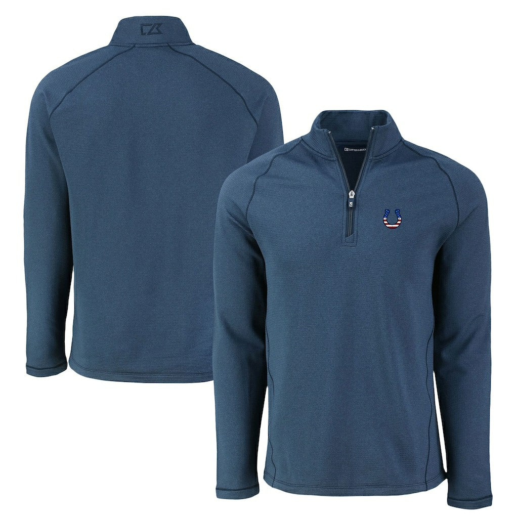 Indianapolis Colts Cutter & Buck Peshastin Eco Fleece Tri-Blend Raglan Recycled Quarter-Zip Jacket Heather Navy