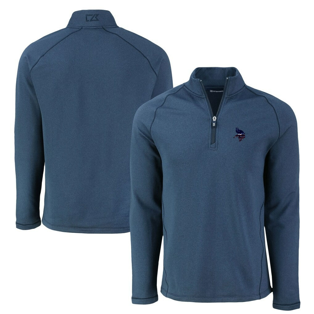 Minnesota Vikings Cutter & Buck Peshastin Eco Fleece Tri-Blend Raglan Recycled Quarter-Zip Jacket Heather Navy