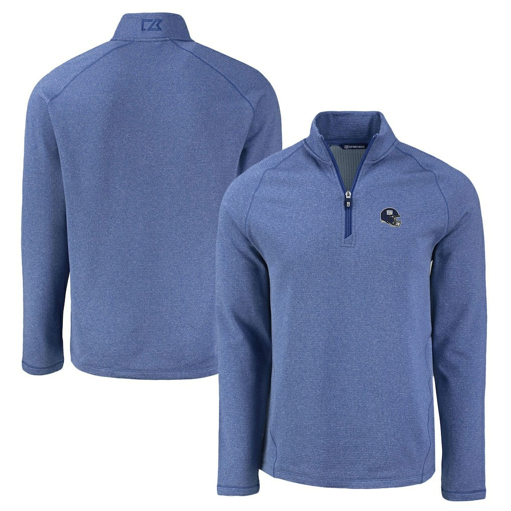 New York Giants Cutter & Buck Peshastin Eco Fleece Tri-Blend Raglan Recycled Quarter-Zip Jacket Heather Royal